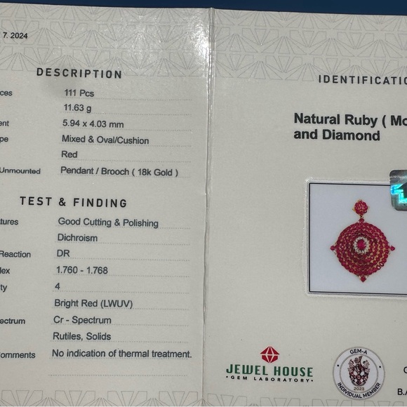 Natural Burmese Ruby and Diamond Brooch/Pendent in 18 k solid gold - Picture 9 of 9